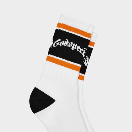 GODSPEED Og Logo Striped Sock (White/Orange)｜ゴッドスピード OG ロゴ ストライプド ソックス（ホワイト／オレンジ）