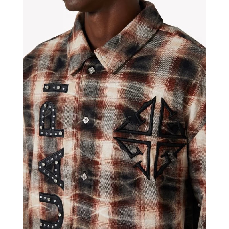 iceking着用 完売品 GUAPI FLANNEL フランネルシャツ GUAPI Mocha Rhinestone Flannel (Brown)｜グアピ モカ ラ