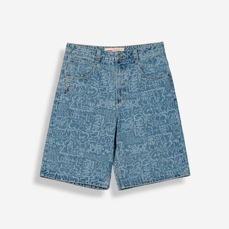 GRIMEY STARDUST LASER BAGGY DENIM SHORTS (WASHED DARK BLUE)｜グライミー スターダスト バギーデニムショーツ（ダークブルー）