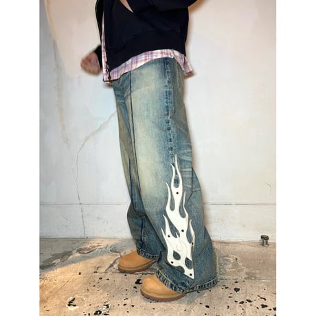SUPPLIER Fire Tribal Leather Patch Baggy Denim (BLUE)｜サプライヤー ファイヤー トライバル レザー パッチ バギーデニム（ブルー）