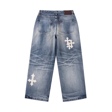 SUPPLIER Multiple Cross Leather Patch Baggy Denim (BLUE) | サプライヤー マルチプル クロス レザー パッチ バギー デニム (ブルー)