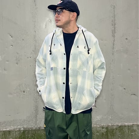 ATTACK ORIGINAL Heavy Flannel Hooded Shirt (Powder Blue)｜アタックオリジナル ヘビーフランネル フーデッドシャツ（パウダーブルー）
