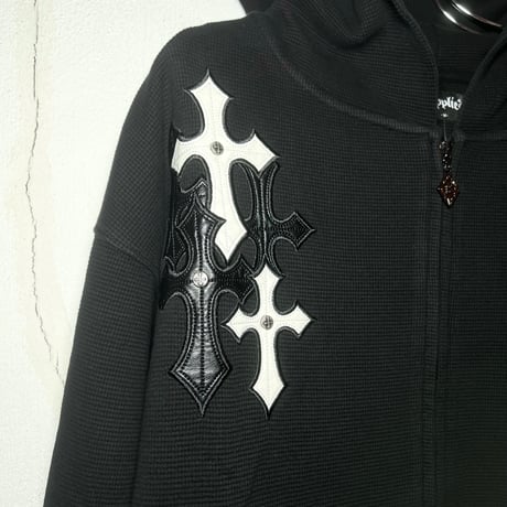 SUPPLIER Multiple Cross Leather Patch Thermal Zip Hoodie (Black)｜サプライヤー クロス レザーパッチ ジップフーディー（ブラック）