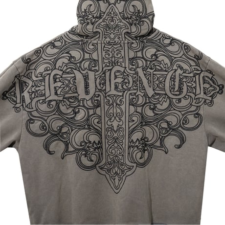 REVENGE CREST EMBROIDERED HOODIE (DISTRESSED GREY)｜リベンジ クレスト エンブロイダリー フーディー（ディストレスドグレー）
