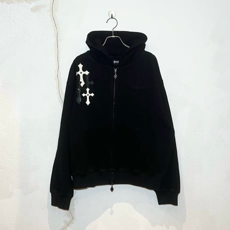 SUPPLIER Multiple Cross Leather Patch Thermal Zip Hoodie (Black)｜サプライヤー クロス レザーパッチ ジップフーディー（ブラック）