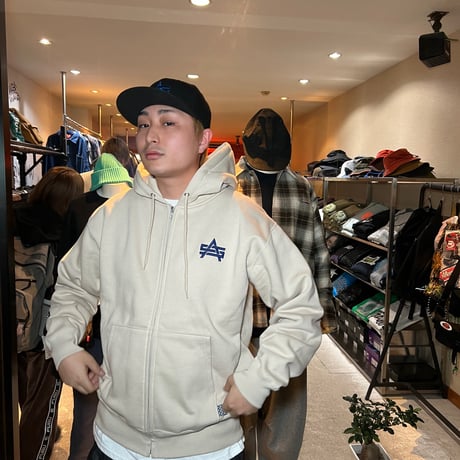 ADG AS Logo Zip Hoodie (Beige/Navy)｜エーディージー ASロゴ ジップフーディー（ベージュ/ネイビー）