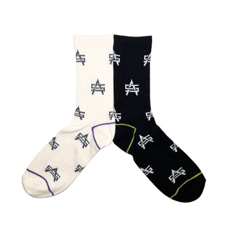 ATTACK ORIGINAL “AS Logo” Pattern Socks (White, Black)｜アタックオリジナル “ASロゴ” パターンソックス（ホワイト/ブラック）