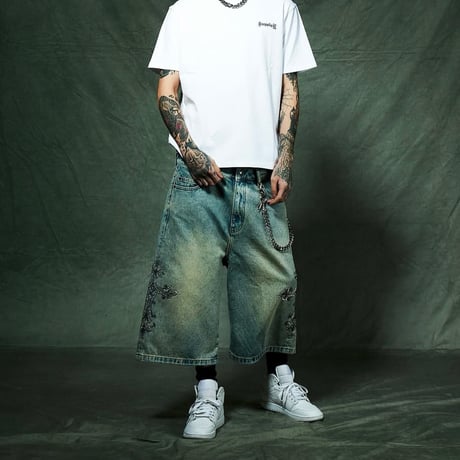 SUPPLIER Royal Cross Rhinestone Baggy Denim Shorts (BLUE)｜サプライヤー ロイヤルクロス ラインストーン バギーデニムショーツ（ブルー)