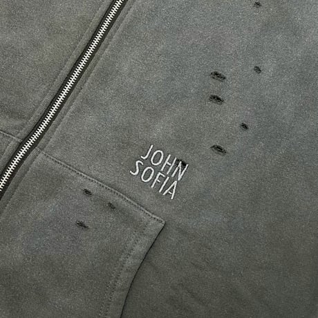 JOHN SOFIA DAMAGEREPAIR FULL-ZIP HOODIE (GRAY)｜ジョンソフィア ダメージリペア フルジップ フーディー（グレー）