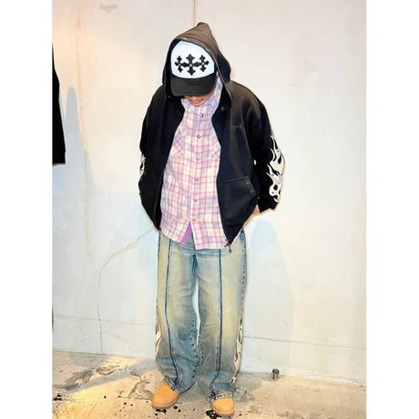 SUPPLIER Fire Tribal Leather Patch Baggy Denim (BLUE)｜サプライヤー ファイヤー トライバル レザー パッチ バギーデニム（ブルー）