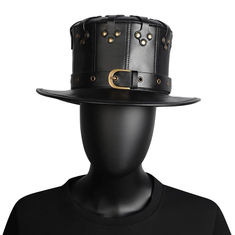 革と釘の黒い紳士礼帽 レザーハット ショット | ジャッキーの