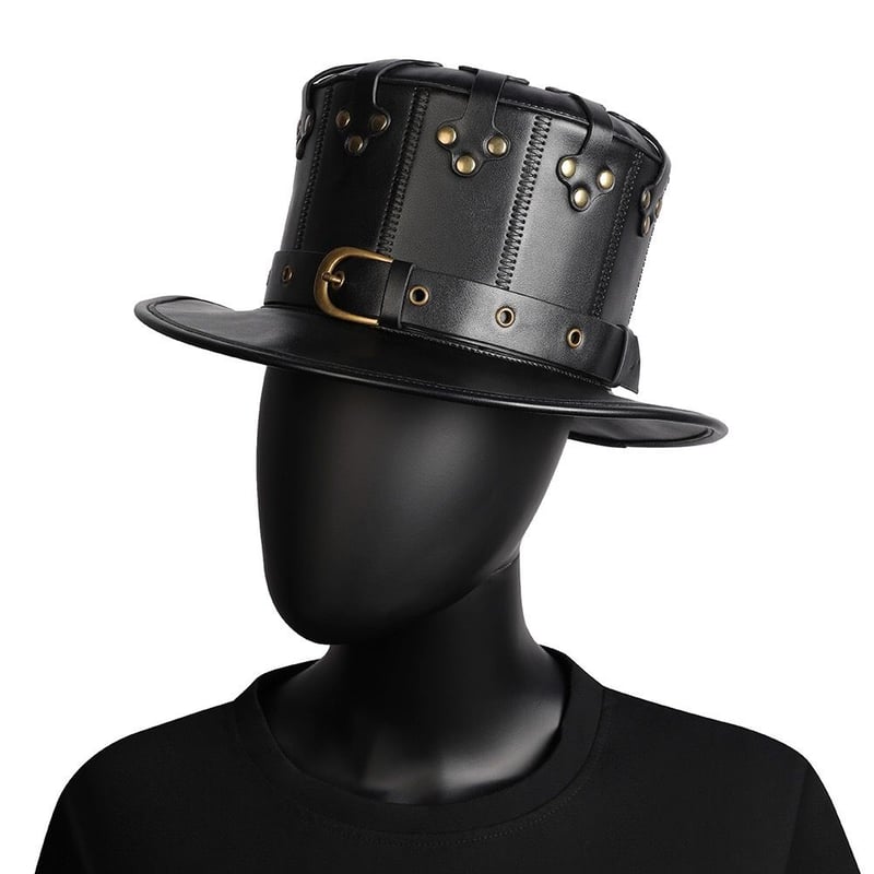 革と釘の黒い紳士礼帽 レザーハット ショット | ジャッキーの 革と釘の黒い紳士礼帽 レザーハット ショット | ジャッキーの