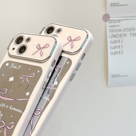 韓国風 鏡 iPhone15/15proケース リボン柄 アイフォン14/13pro/12ケース かわいい 女子力アップ[M4426]