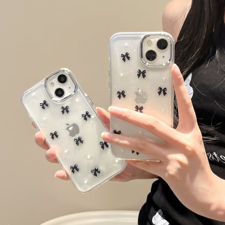 金属リボン iPhone16/15proケース パール iPhone14/13pro/12クリアケース かわいい 女子力高い[M4440]