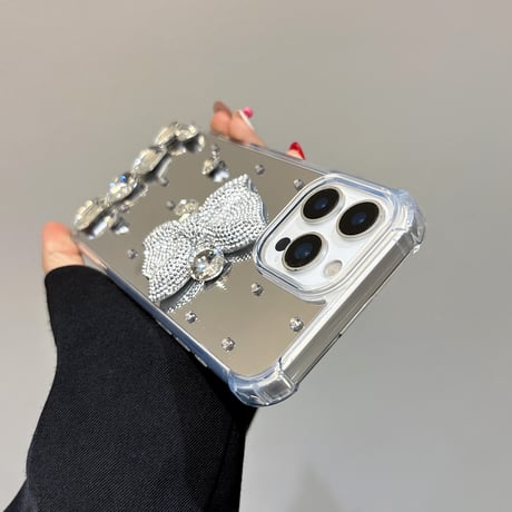 ダイヤリボン鏡 iPhone17/17Proケース キラキラ 豪華 iPhone16pro/15plus/14カバー 四角耐衝撃 [M5554]