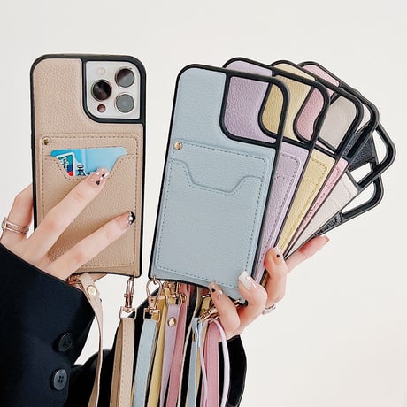 ICカード収納 ミラー iPhone14/14proケース 革製 ショルダー アイフォン13/12/SE3カバー シンプル風  実用 [M2283]