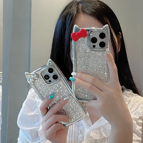 リボン 猫の耳 iPhone15Pro/15カバー キラキラグリッタ アイフォン14プロ/13/12ケース かわいい 女子力高い [M4393]