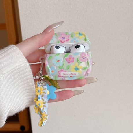 花柄 Airpods Pro3ケース 花ストラップ Airpods 4/3カバーケース AirpodsPro2/1  うねうね 女子力高い 春コーデ [M6136]