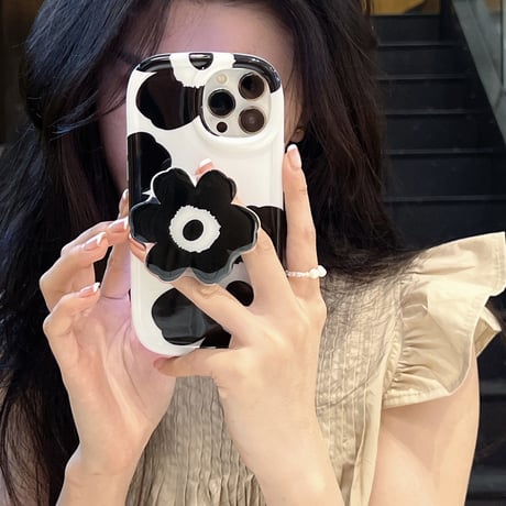 韓国風 黒花柄 iphone14/13proケース  同系のグリップ/スタンド付き  iphone12/11カバー  可愛い ファッション [M2170]