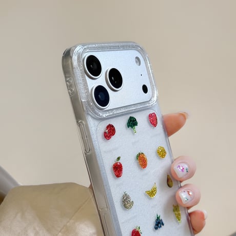 ラメ果物柄 iPhone17Pro/17ケース キラキラ感 iPhone16Pro/15ケース かわいい 春夏コーデ[M6320]