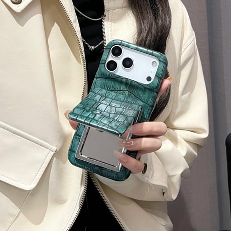 ワニ革 ミラースタンド付 iPhone17Pro/17ケース レザー 高級感 iPhone17ProMax/16Pro/15カバー 上品 高品質 耐衝撃 [M6074]