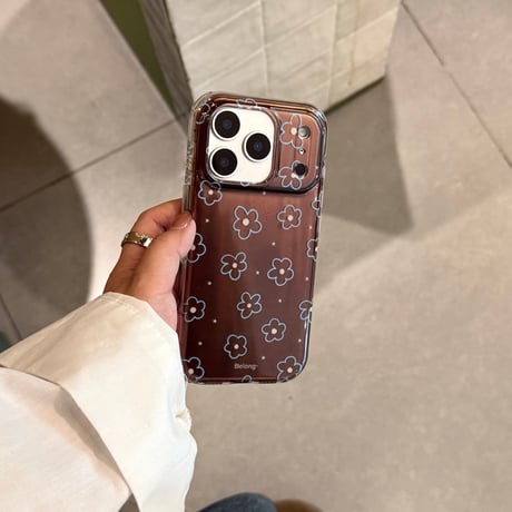 ブラウン 花柄 iPhone17Pro/17ケース 艶感 iPhone17ProMax/16Pro/15カバー  オシャレ 韓国っぽ[M6082]