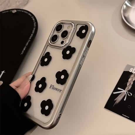 黒花 iPhone15/15proケース 高級感 アイフォン14promax/13proカバー 女子力高い かわいい[M4549]