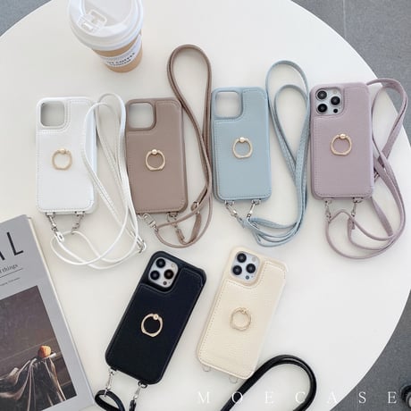 ミラーカード入れ付き iPhone14/15proケース リング ストラップ付 アイフォン13ミニ/12プロカバー レザー 多機能便利[M2830]