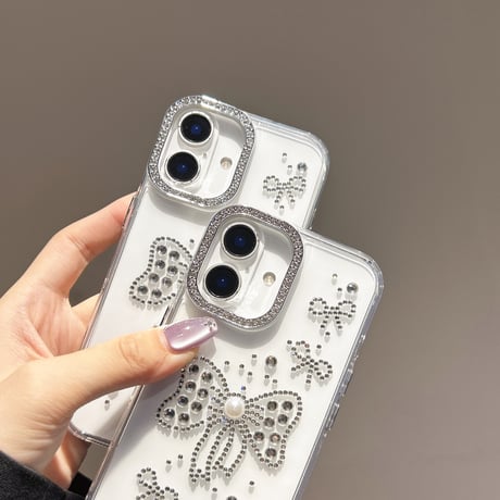 ハンドメイド iPhone16pro/16plusケース ダイヤリボンデコ iPhone15promax/14/13カバー オシャレ キラキラ[M5456]
