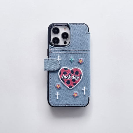 デニム手帳型 iphone14/13proケース 刺繡入り アイフォン12/11カバー シック 女子力アップ ハートアクセサリー付[M3378]