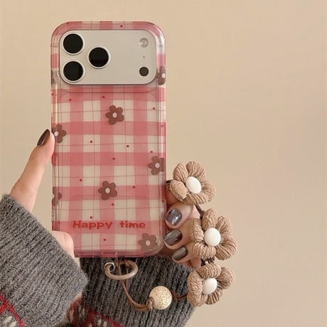 韓国風 花柄 iPhone17pro/17カバー ピンク チェック柄 iPhone16/15pro/14ケース 可愛いストラップ ガールズに人気[M6165]
