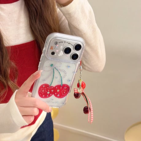 ダイヤデコサクランボ iPhone17pro/17ケース キラキラ感 iPhone16/15proケース 可愛いストラップ 女子力高い[M6040]