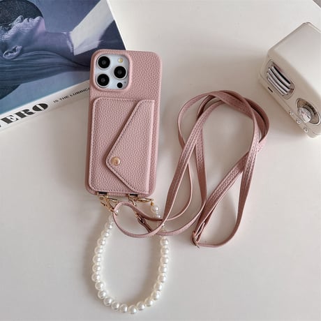 ICカード収納 iPhone15pro/15カバー パールストラップ/革ショルダー付 アイフォンSE/14pro/13プロケース 高品質便利 [M4325]