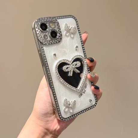 リボンミラー iPhone16pro/16ケース 蝶々 ストーン iPhone15pro/14/13promaxカバー 可愛い 大人ガーリーに人気[M5495]
