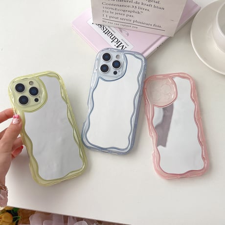 淡色 ミラー iPhone17/16Proケース パステルカラー iPhone15promax/14/13カバー うねうねライン [M5560]