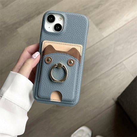 リングカード入れ付 iPhone16/16Proケース 熊 レザー アイフォン15pro/13mini/12/14カバー レザー 高品質 超便利[M4639]