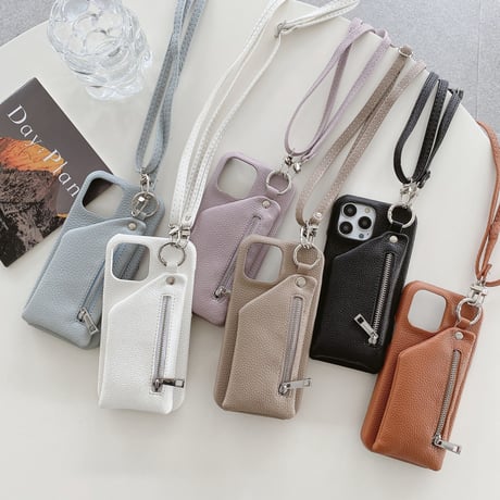 小銭入れ付 iPhone14/15proケース 革 ストラップ付 iPhone13mini/12/11カバー 高品質 12色 小銭/カード/口紅/お札など収納可[M3199]