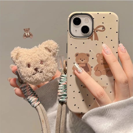 熊ぬいぐるみストラップ iphone14/13proケース かわいい アイフォン12pro/11カバー 超便利 二層構造耐衝撃  ギフトにおすすめ[M3438]