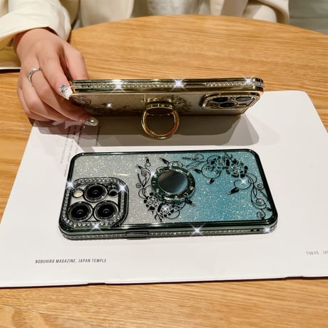 ジュエリー リング付 iPhone15/15proケース  薔薇柄  キラキラiphone13/12/14proカバー きれい 高機能 [M3846]