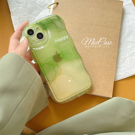 抹茶グリーン暈し染め iPhone13/14カバー Happy高級感 iphone12pro/11ケース  可愛い 透明感 頑丈 波紋枠 落下防止 [M2881]
