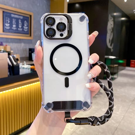 ストラップ付 iPhone16pro/17ケース Magsafe充電 スタンド付 iphone15pro/14pro/13カバー 透明 耐衝撃 [M5449]