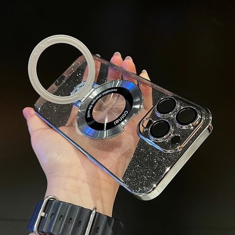 Magsafe対応 iPhone15/15proケース スタンド オシャレ アイフォン14/13proカバー レンズフイルム付 キラキララメ入り [M3620]