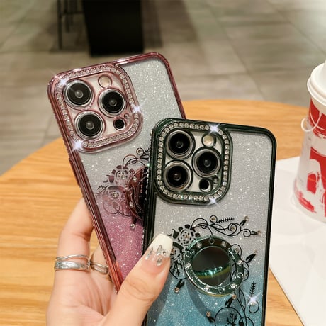 ジュエリー リング付 iPhone15/15proケース  薔薇柄  キラキラiphone13/12/14proカバー きれい 高機能 [M3846]
