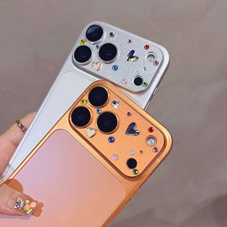 ダイヤとカラーハートデコ カメラ保護カバー 頑丈 iPhone17Pro iPhone17ProMax 贅沢 保護フィルム キラキラ おしゃれ きれい 耐衝撃[M6159]