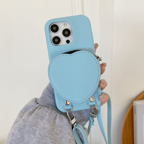 ハート小銭入れ iPhone15/15proケース ショルダーストラップ付 アイフォン14pro/13mini/12/11カバー レザー 高品質 超便利[M3709]