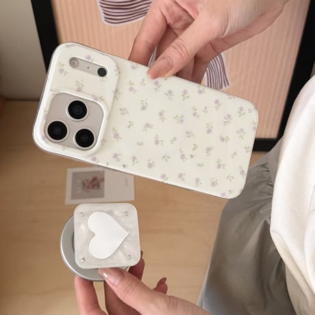ハートミラーリングスタンド iPhone17/17Proケース MagSafe対応 iPhone16Pro/15/14ケース ダイヤデコパープル花柄 甘めコーデ [M6471]