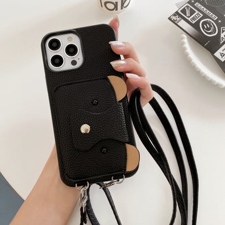 クマちゃんカード入れ iPhone15/14proケース 革製 アイフォン13/12mini/11カバー 肩掛けストラップ 高品質シック 11色[M3417]