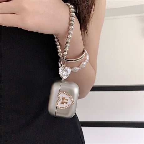 パープルリボン Airpods 4ケース エアーポッズ3/2 金属ビーズストラップ AirpodsPro2/1カバー エレガント めっちゃ可愛い[M4737]
