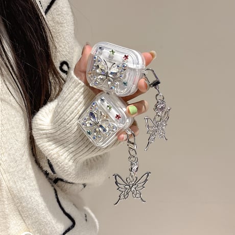 女子力高い Airpods 4ケース ダイヤ蝶 Airpodspro2/proカバー  Airpods3/2 チョウキーホルダー めっちゃ可愛い 丈夫[M5043]