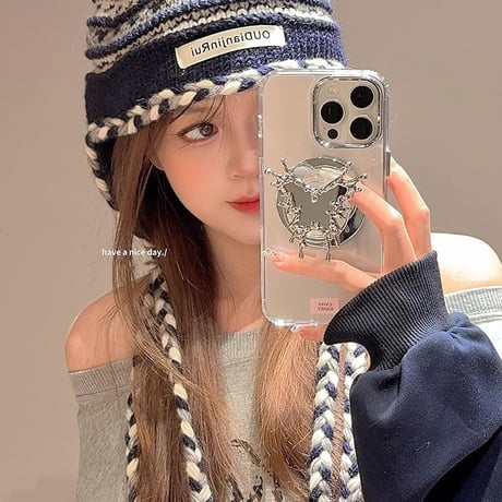 ミラー付蝶グリップ iphone16/16proケース  Magsafe対応 クリアiphone15pro/14/13proケース 高級感 女子力高い 丈夫[M5060]